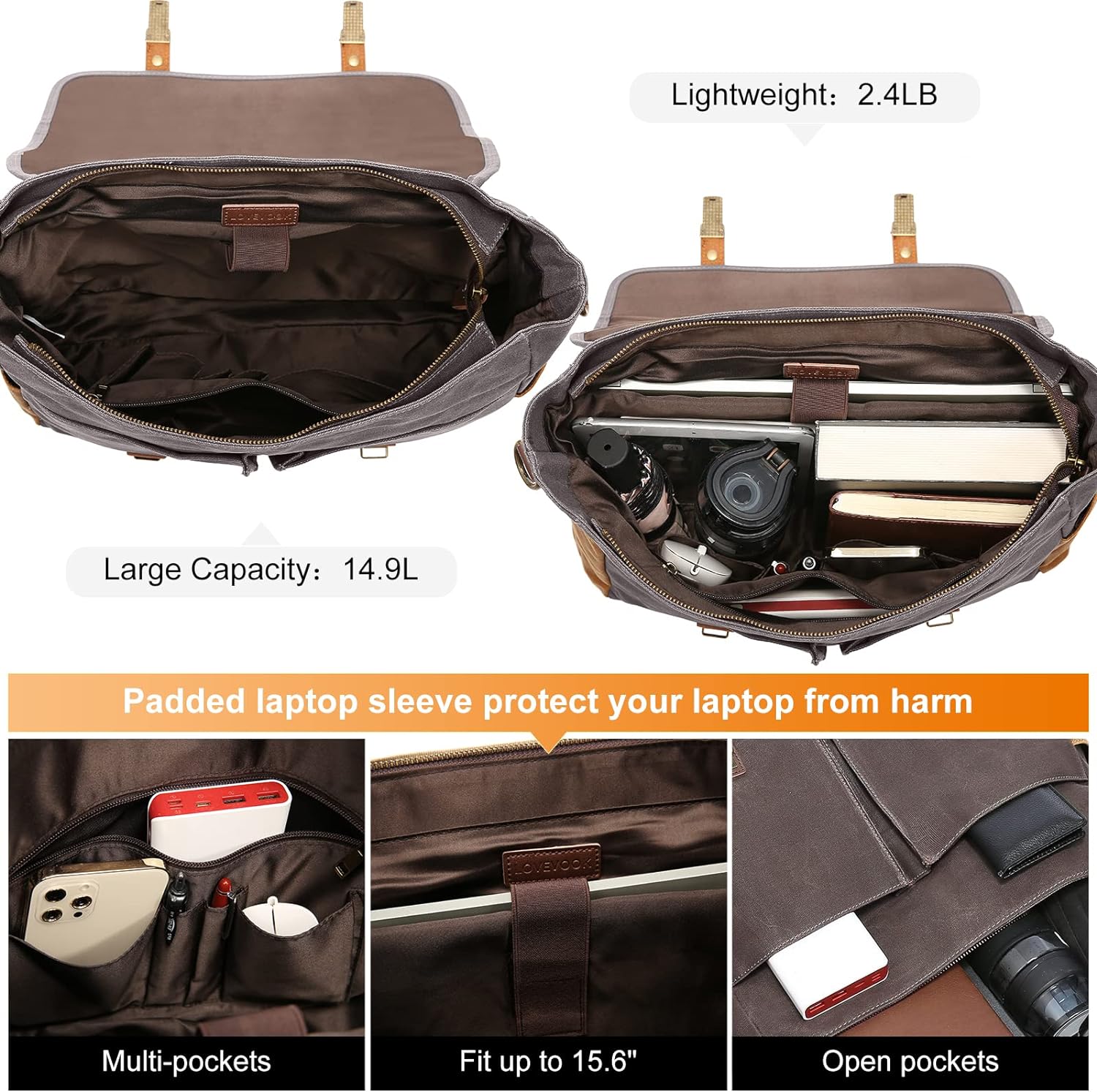 LOVEVOOK Mens Messenger Bag， 15.6 Inch Waterproof Waxed Canvas Briefcase Vintage Leather Computer Laptop Book Bag Large Satchel Shoulder Bag for Work， Travel， School - Image 5